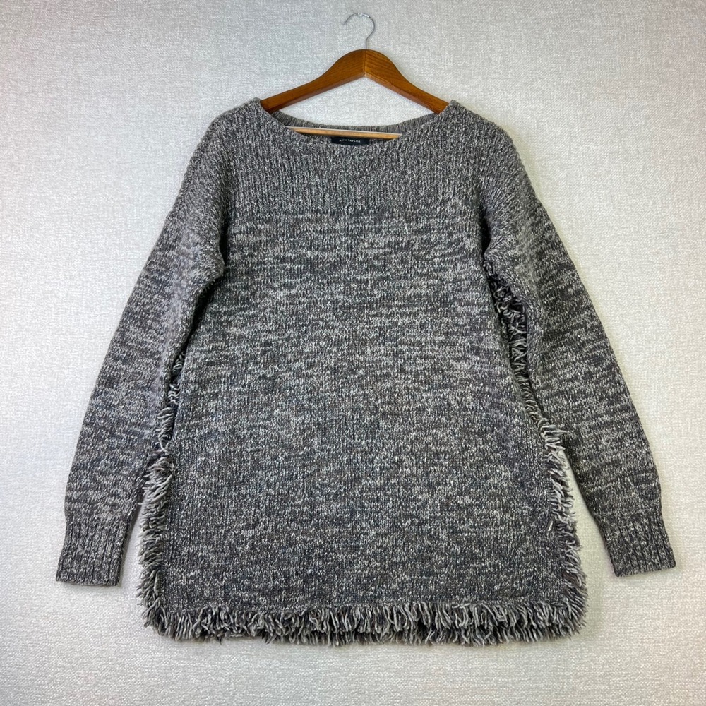 Ann Taylor Marled Wool Fringe Trim Tunic Sweater Womens Medium Boho Brown Grey